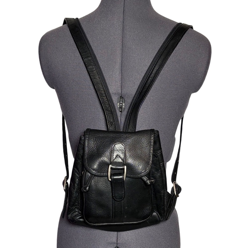 Vtg 90s Black Leather Mini Backpack Convertible Purse Minimalist H8-W7-D6